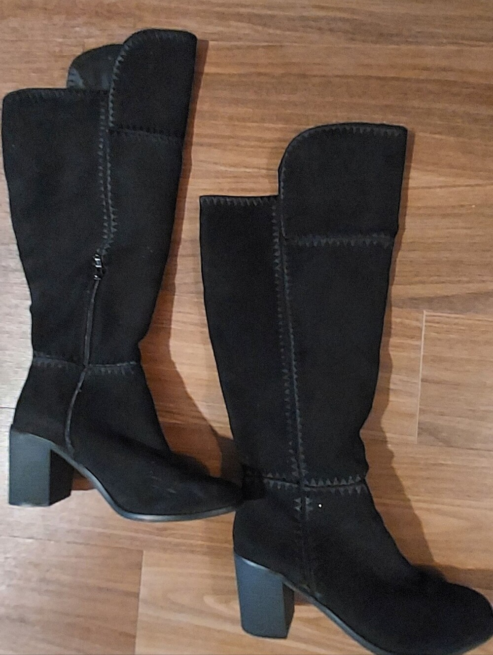 Black Faux Suede Over Knee Block Heel Boots Sz 10 High Front Sexy Goth Witchy